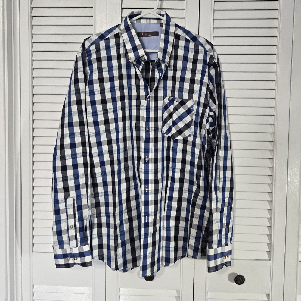 Men's Blue and White Checkered Shirt